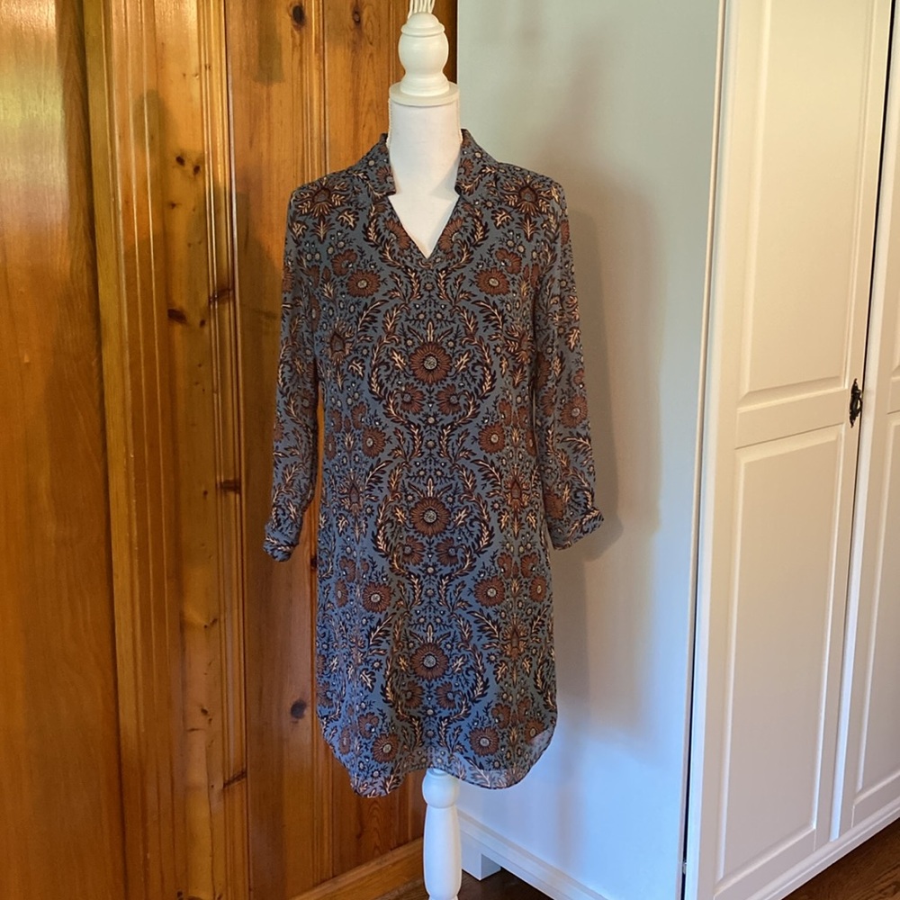 CAbi Navy and Brown Patterned Dress